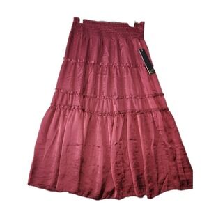 Indigo Rose Sz M Burgundy Crinkle Silky Tiered Midi Skirt Boho Cottagecore NWT